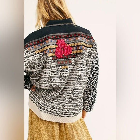 Free People Jackets & Blazers - Rare Free People Love Test Mixed Media Denim Embroidered Rose Jacket